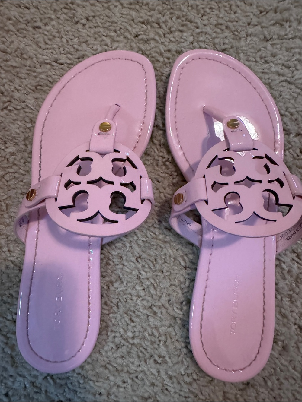Tory Burch Pink Logo Cutout Leather Slide Sandals